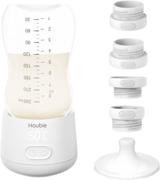 HOUBIE® Draagbare Flessenwarmer - Oplaadbaar - Flessenwarmer Onderweg - 4 Adapters en 4 Standen - USB-C - Wit