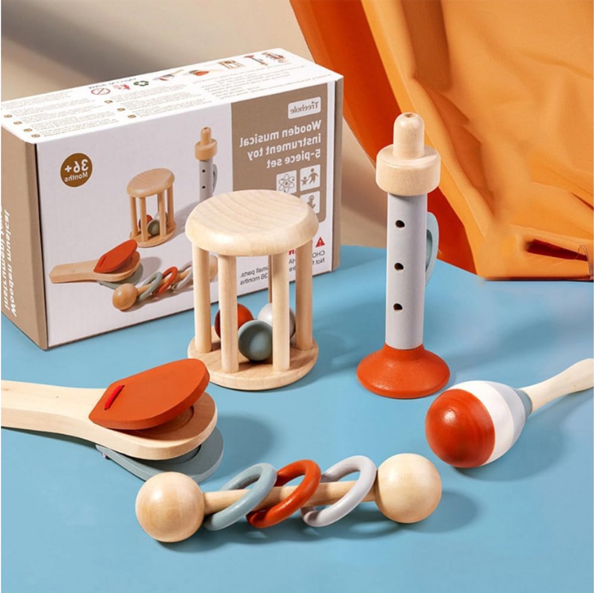 Muziekinstrumenten Voor Kinderen - 5 Stuks Houten Speelgoed - Montessori Muziekspeelgoed - Trompet - Castagnetten - Maracas - Koirammels - Ringrammelaars - Babymuziekspeelgoed Vanaf 1-2-3 Jaar
