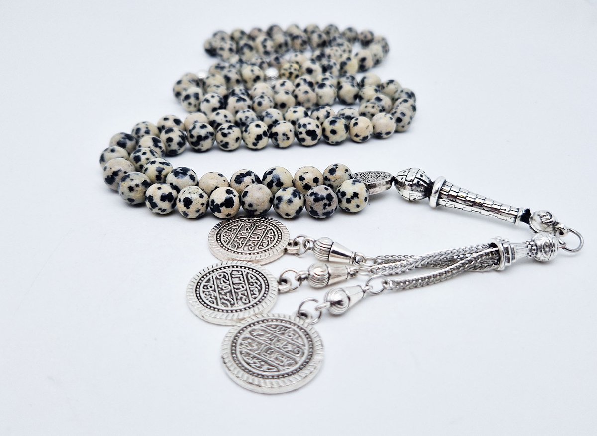 Handgemaakte tesbih "Tasbih" natuursteen " Jasper Dalmatin" - Aantal kralen 99 - Diameter kralen 8MM - met metaal tassel "Qustantinia" - Een mooi cadeau-idee