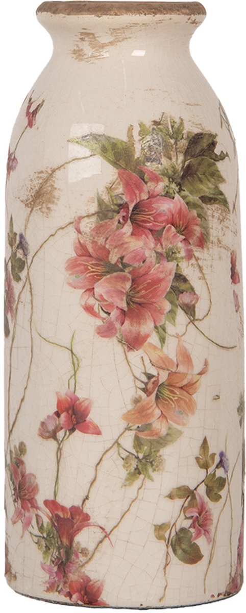 Clayre & Eef Vaas Ø 8x20 cm Beige Keramiek Bloemen