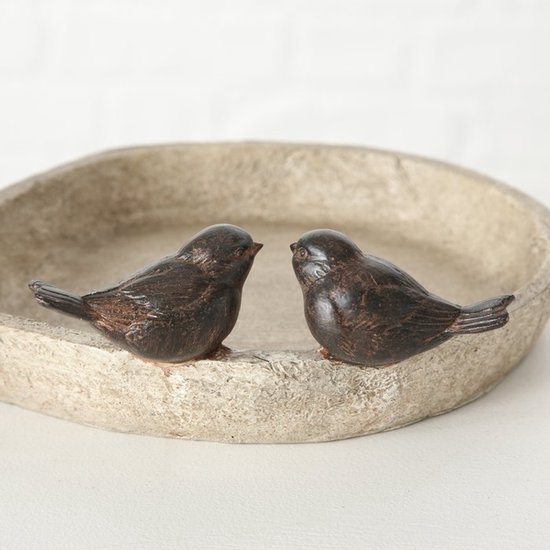 Drie-kwart zicht op een betonnen schaal met twee donkerbruine vogeltjes.