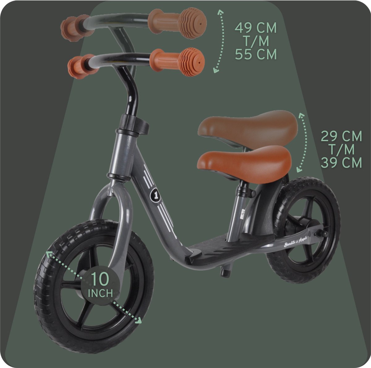 Bandits & Angels Metalen Loopfiets Starter Grijs met Voetenplank vanaf 2 Jaar - Limited Edition - Grijze Loop Fiets - Verstelbaar Zadel 29 tot 39 cm - Voor Jongens en Meisjes - Compact en Veilig - Lage Instap met Voetenplank — afbeelding 9