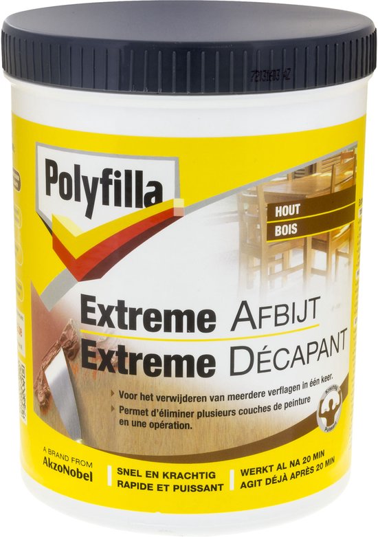 Polyfilla Extreme Afbijt, gelig blik met donkergrijs deksel. "Extreme AFBIJT" op voorkant.