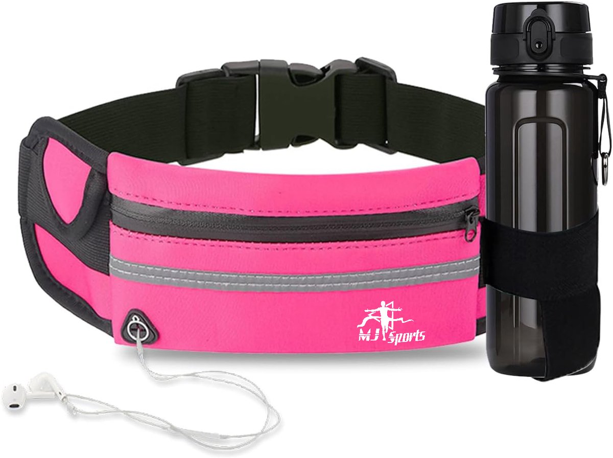 MJ Sports Reflecterende Heuptas - Elastische Heupband - Sport Waist Bag - Fitness Tas - Verstelbaar Heuptasje - Hardlooptasje - Hardlopen - Hardloopriem - Telefoonhouder - Smartphone Houder - Running Belt - Unisex - Roze - One Size