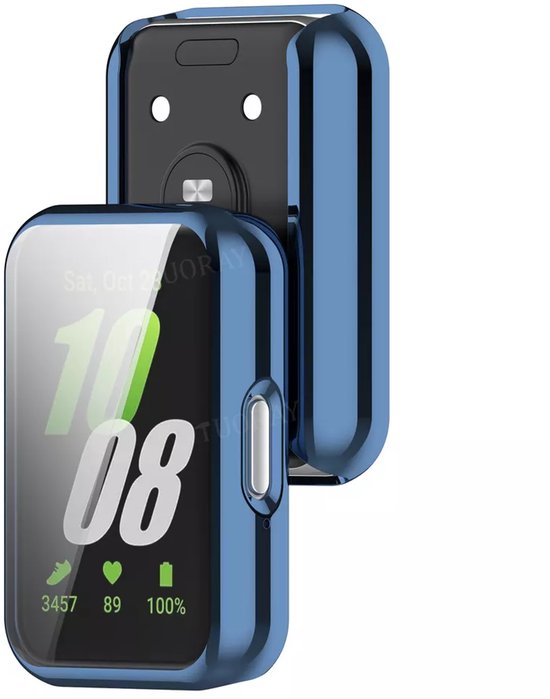 Blauw TPU hoesje om een smartwatch met scherm, waarop '10 08' staat.