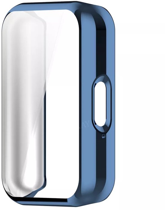 Blauw TPU hoesje voor een smartwatch, met een uitsparing voor een knop.