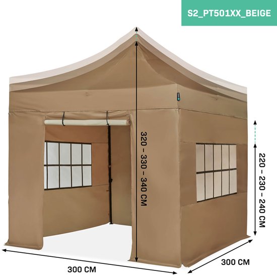 Beige partytent van 3x3 meter, 220-230 cm hoog en 320-340 cm totale hoogte. Met ramen en opgerolde zijwanden.