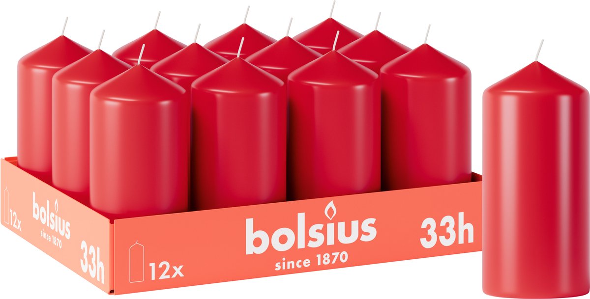 Bolsius Gladde Stompkaars - 12 Stuks - Rood - 12cm - 33 branduren
