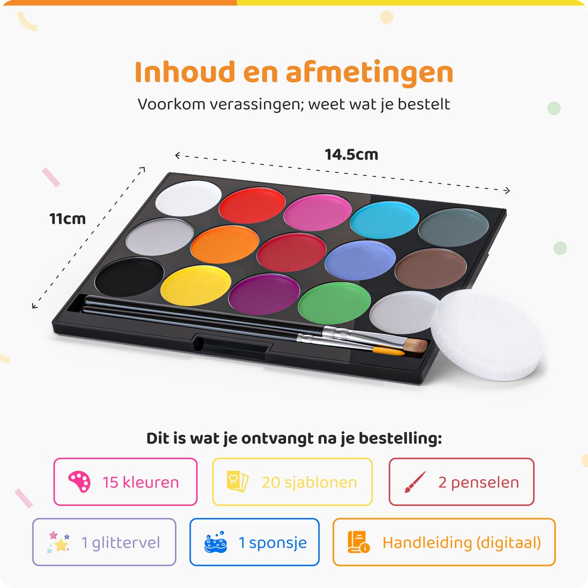 Paint-A-Boo Schminkset Kinderen - Waterbasis - 15 kleuren - Voor 45 gezichten – Met 30 Voorbeelden — afbeelding 6