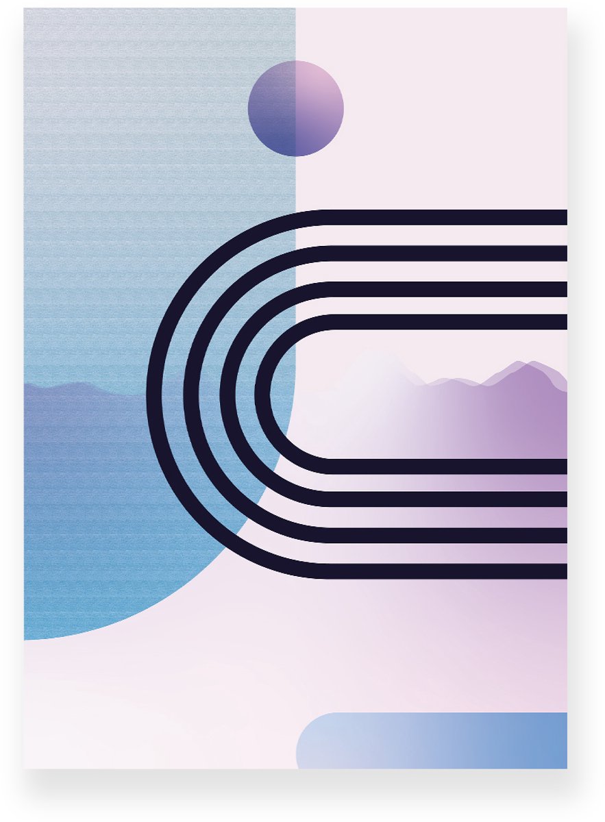 Yisual Poster 50x70 cm - Geometrische Vormen - Bogen - Blauw - Paars - Abstract - Modern - Muurdecoratie - Wanddecoratie