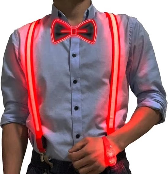 Lichtgevende Bretels Met Strik - LED Bretels Met Strik - Vlinderdas - Bretels - Feest Accessoires - Party - Festival - Kostuum - Carnaval - Verkleed Accessoires - Glow In The Dark - Neon - LED - Unisex - Rood - Red