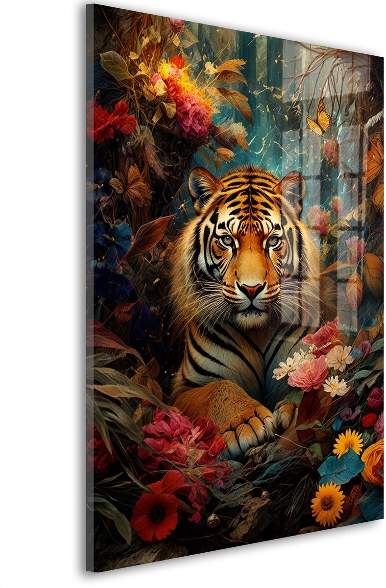 Glasschilderij Tijgerbloei in mystiek - 60 x 40 cm - Tijger - Dierenhoofden;Bloemen en Planten - Acrylaat - Inclusief wandbevestiging - Foto op plexiglas - Wanddecoratie woonkamer – Modern – Modern