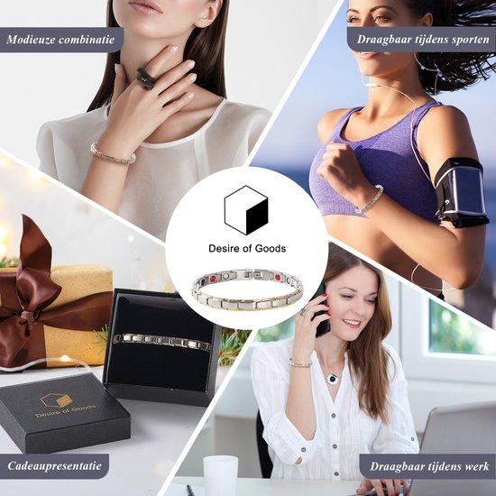 Collage van vrouwen die de zilverkleurige en gouden armband dragen tijdens werk en sport. Ook een cadeauverpakking.
