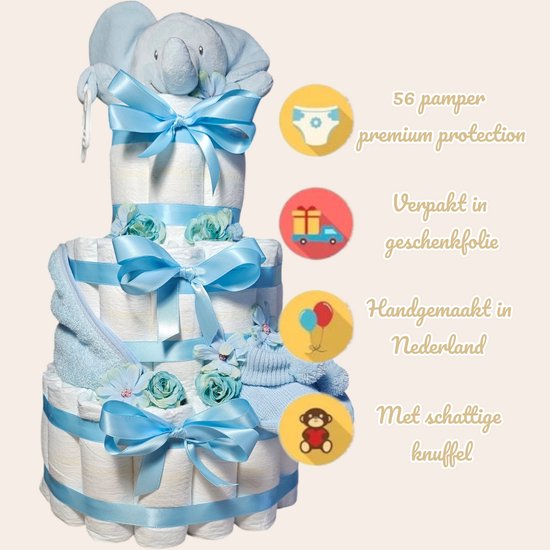 Luiertaart - 3 lagen - blauw - slofjes - knuffelolifantje - slabber - pampers - kraamcadeau — afbeelding 2