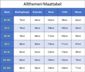 Maattabel voor herenjassen: Maat, Kledinglengte, Schouder, Borst, Taille, Mouw voor maten EU XS tot EU 3XL.