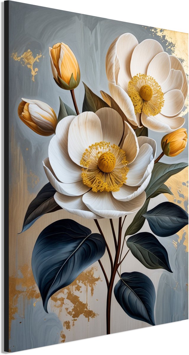 Wanddecoratie Metaal - Aluminium Schilderij Gouden bloesem pracht - 60 x 40 cm - Bloem - Muurdecoratie woonkamer en slaapkamer - Inclusief ophangsysteem - Modern - Modern - Displate alternatief