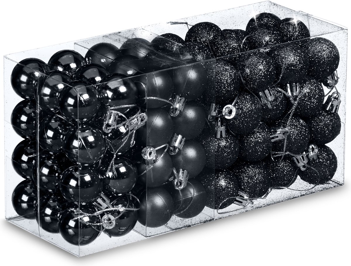 kerstballen set van 96 - plastic - 3 cm - mat - glanzend - glitters - zwart – foto 6