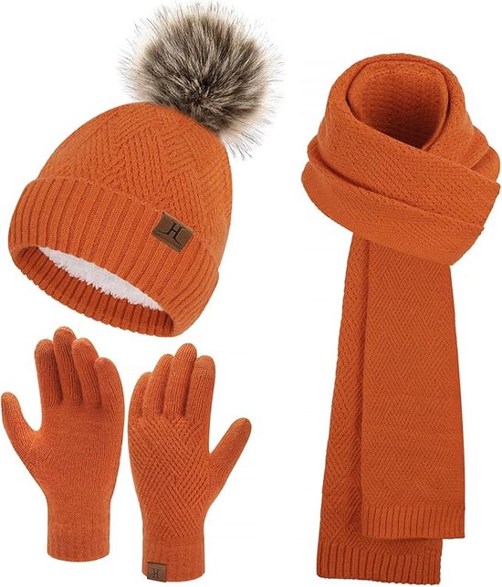 Bequemer Laden Dames wintermutsen sjaal handschoenen set, warme fleece gevoerde muts met pompons lange sjaals touchscreen handschoenen voor vrouwen koud weer geschenken