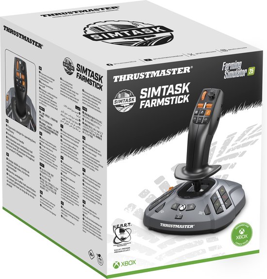 Zwarte Thrustmaster joystick en een stuursysteem op een witte achtergrond.