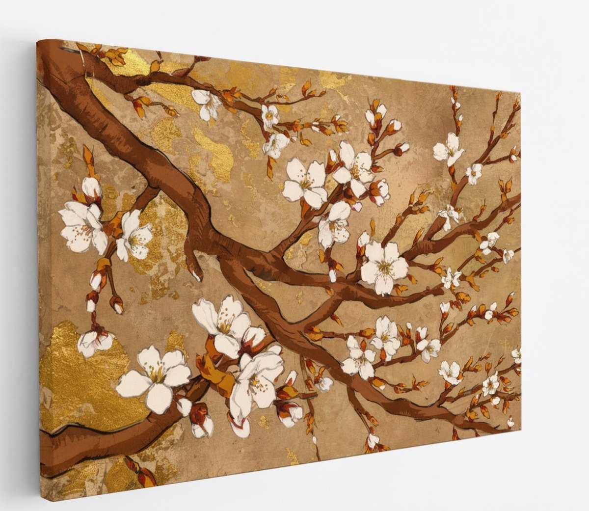Saammp Canvas Schilderij - Witte bloessem aan tak - Beige - Bloemen - Abstract - 40x30 - Foto op canvas - Wanddecoratie - Muurdecoratie Woonkamer - Kantoor Decoratie Multicolor