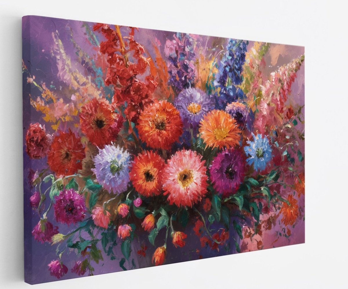 Saammp Canvas Schilderij - Impressionistisch Bloemen Boeket - Natuur - Abstract - 70x50 - Foto op canvas - Wanddecoratie - Muurdecoratie Woonkamer - Kantoor Decoratie Multicolor