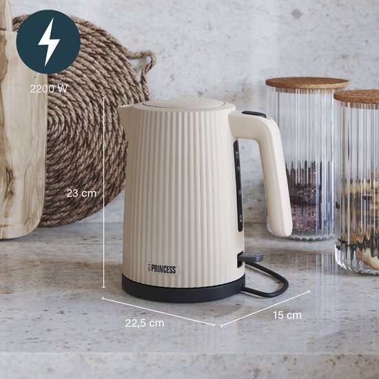 Afmetingen van de beige Princess waterkoker met ribbelstructuur.