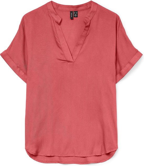 Dames Top Casual Splitneck omgeslagen Mouwboorden Blouse Korte mouw