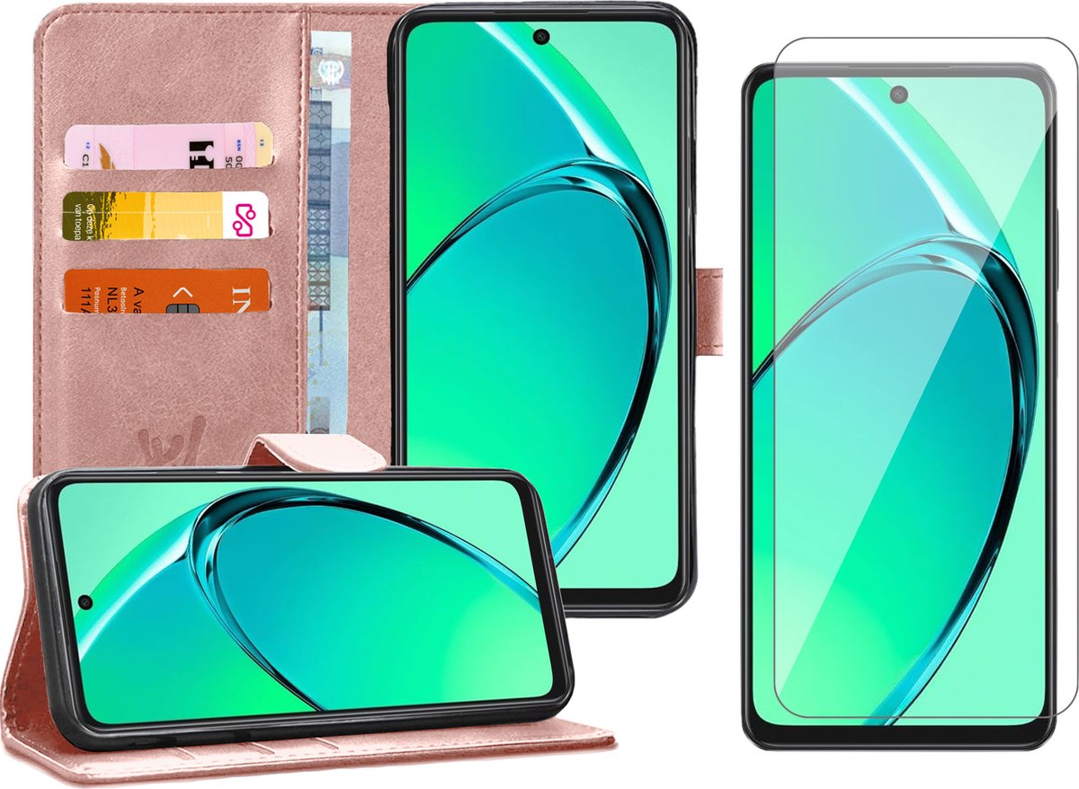 Hoesje geschikt voor Oppo A80 - Screenprotector Glas - Portemonnee Book Case Rosegoud