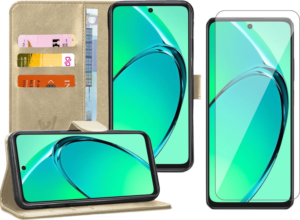 Hoesje geschikt voor Oppo A80 - Screenprotector Glas - Portemonnee Book Case Goud