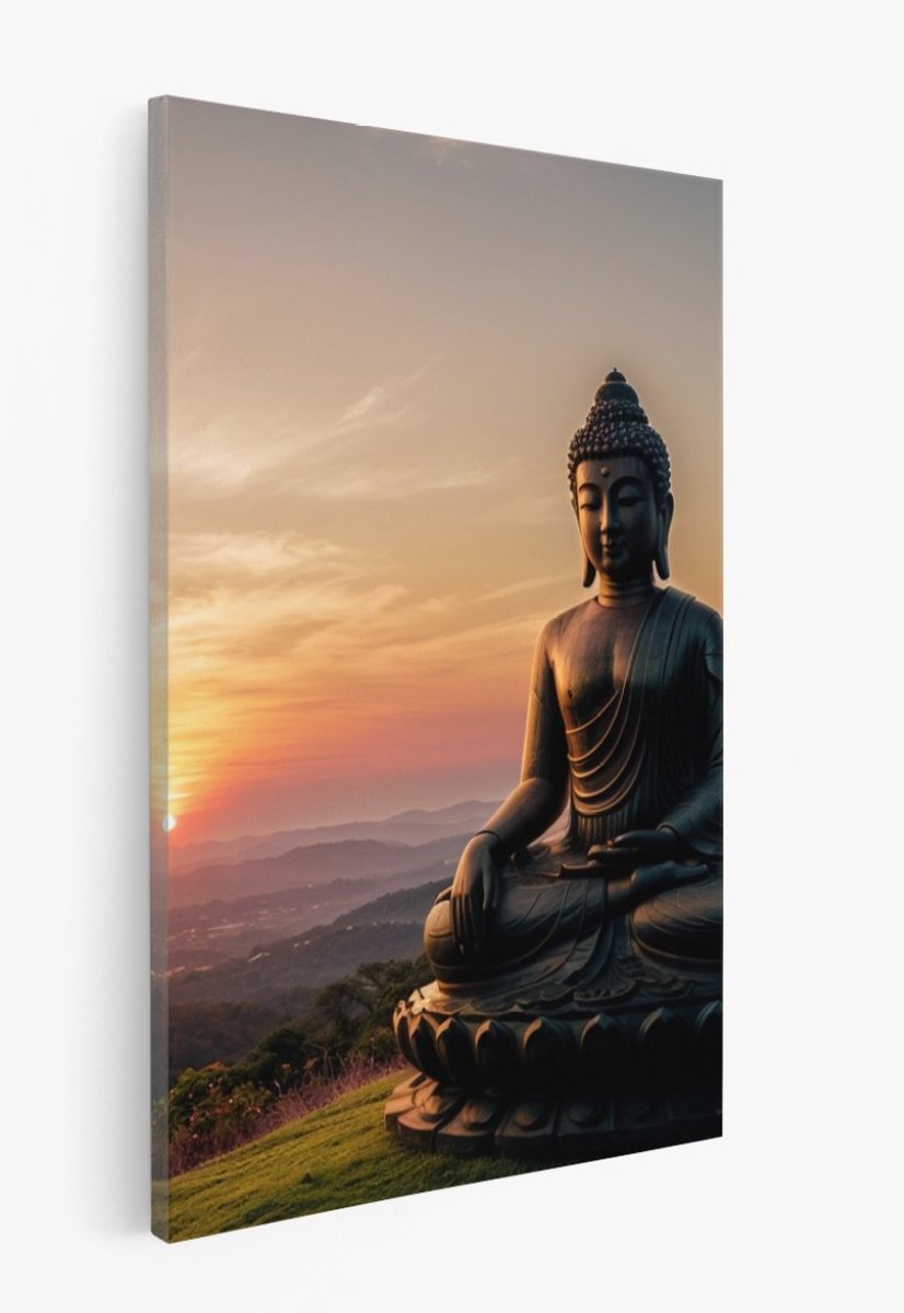Saammp Canvas Schilderij - Boeddha bij mooie Zonsondergang - Landschap - 75x100 - Foto op canvas - Wanddecoratie - Muurdecoratie Woonkamer - Canvas schilderijen Multicolor