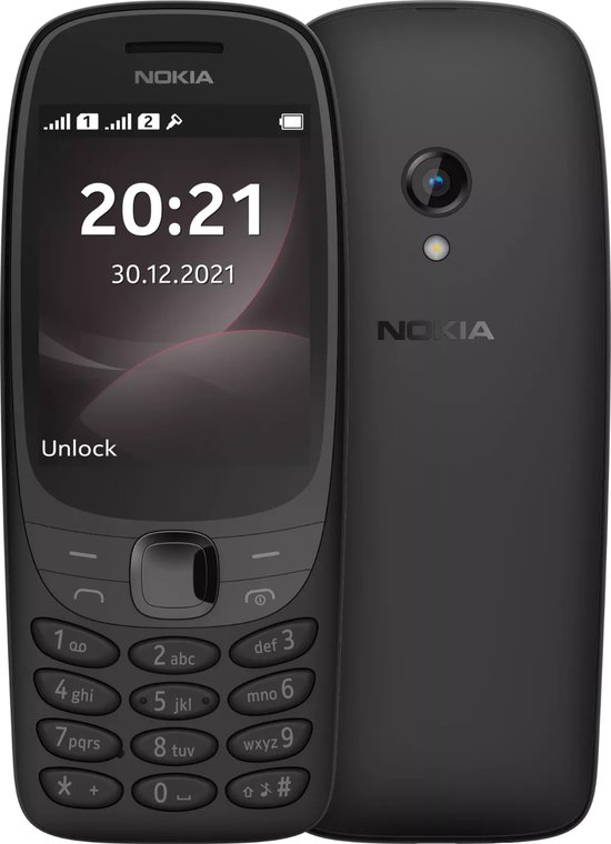 Zwarte Nokia telefoon met display (20:21, 30.12.2021) en achterkant met camera.