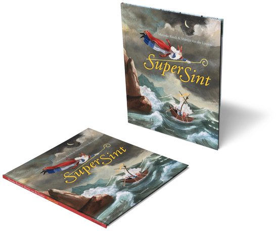De voorkant van het boek SuperSint toont Sinterklaas die vliegt over een woeste zee, met een bootje en rotsen.