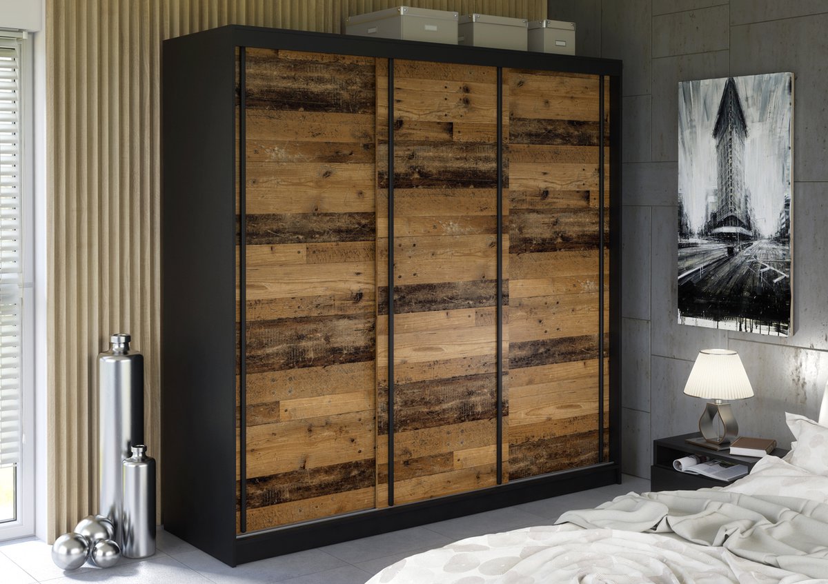 Pro-meubels - Kledingkast Montreal - 205cm - Zwart mat - Old wood - Garderobekast - Slaapkamer - Schuifdeur
