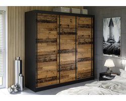 Pro-meubels - Kledingkast Montreal - 205cm - Zwart mat - Old wood - Garderobekast - Slaapkamer - Schuifdeur