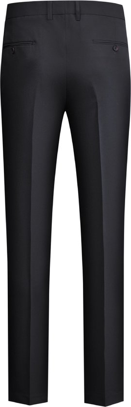 Achterkant van een zwarte nette pantalon met knoopsluiting en riemlussen.