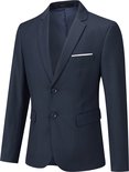 Donkerblauwe blazer met twee knopen, borstzakje met wit biesje en steekzakken.