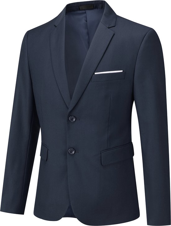 Donkerblauwe blazer met twee knopen, borstzakje met wit biesje en steekzakken.