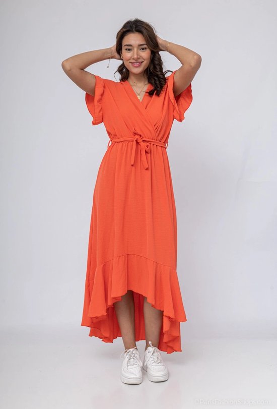 Asymetrische dames wikkel jurk Evie effen oranje Maat S plain wrap dress strandjurk