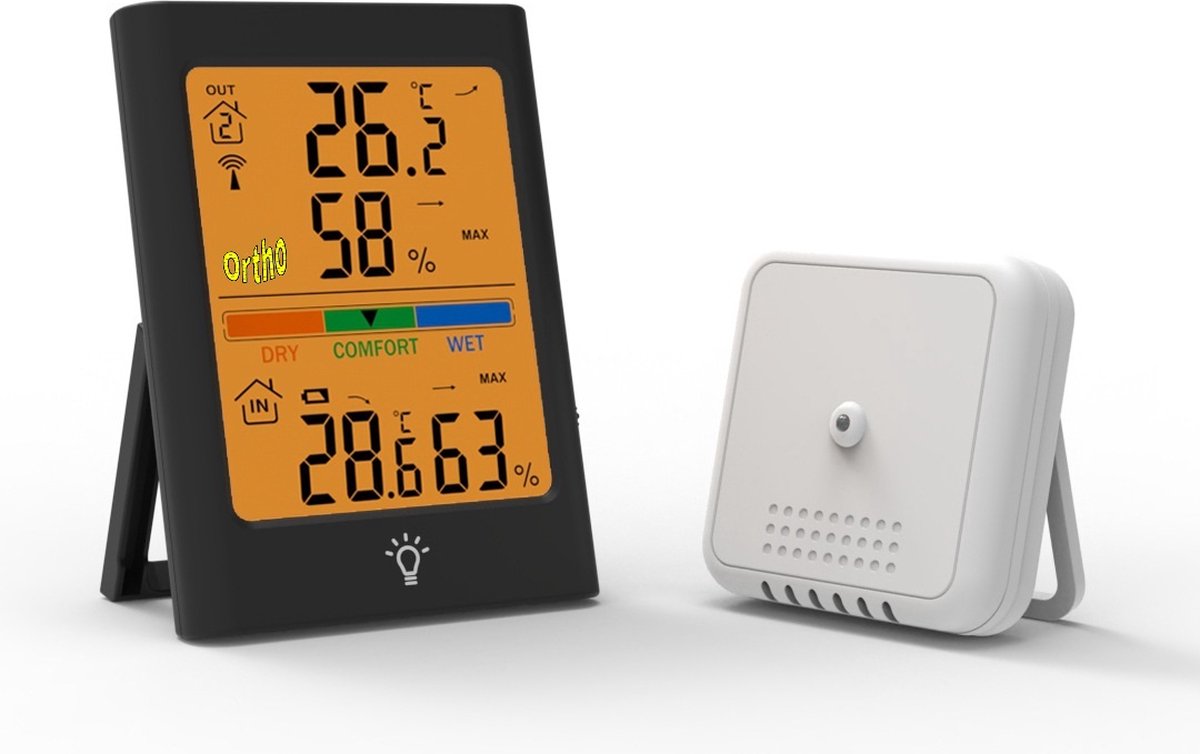 Ortho® - Digitale Binnen/buiten thermometer - Draadloos bereik tot 100m - Weerstation Binnen en Buiten - Hygrometer - Thermometer Binnen - Thermometer Buiten - Temperatuur en Luchtvochtigheid - Bevestigingsmagneet - 24U geschiedenisgegevens - Zwart