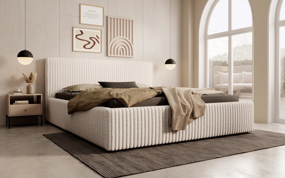 MEUBELLA Tweepersoonsbed Infinity - Beige - Fluffy ribstof - 160x200