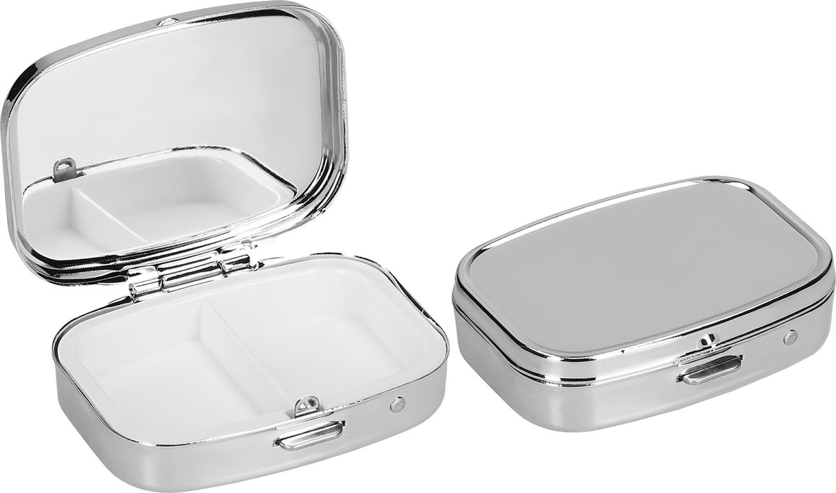 Goedkoopste kwmobile Pillendoos met 2 vakken - Set van 2x Roestvrij Staal Pillendoosje - Organizer Voor Tabletten en Pillen - in zilver