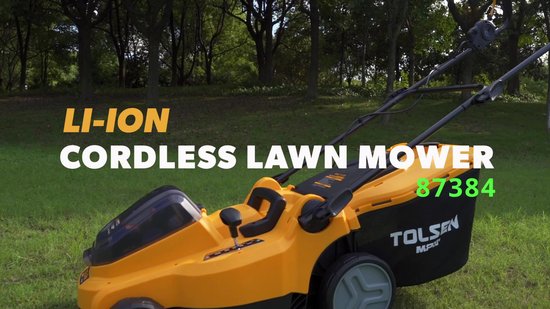 Tondeuse à gazon Tolsen sans balais - 20 V Li-ion - 700 W - Largeur de coupe : 370 mm - Surface de coupe : 350-400 m2 - 6 réglages de hauteur de coupe : 75 mm - Bac de ramassage : 40 litres - Avec 2 batteries de 4,0 Ah et 1 chargeur rapide