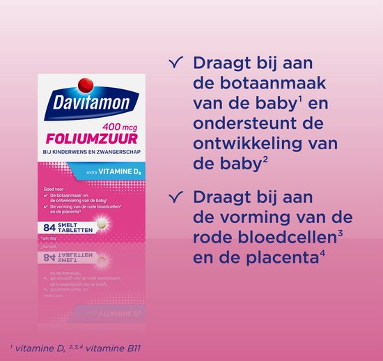 Davitamon Foliumzuur, 400 mcg, met extra vitamine D3, voor kinderwens en zwangerschap. 84 smelttabletten.