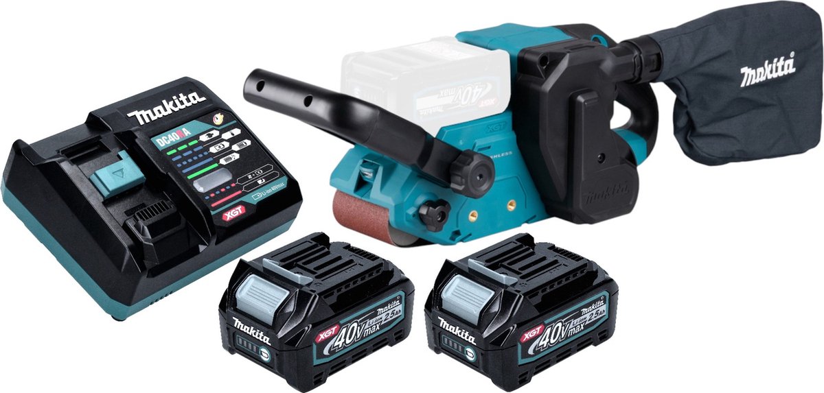 Makita BS 001 GD201 Snoerloze bandschuurmachine 40 V max. 76 x 533 mm borstelloos + 2x accu 2,5 Ah + lader