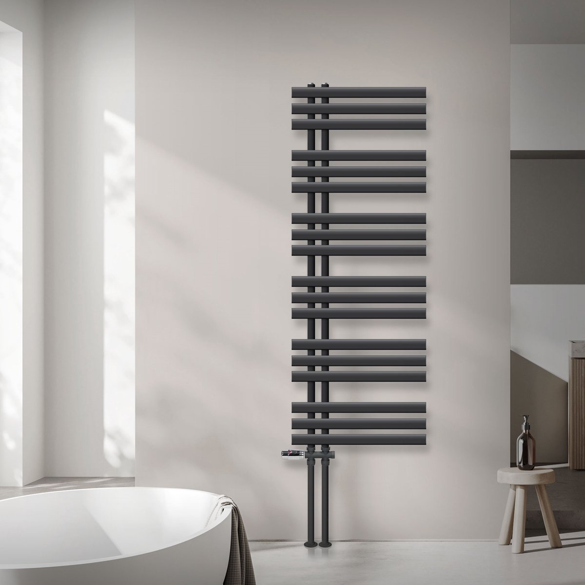 LuxeBath badkamer radiator Ijzer EM 500x1400 mm antraciet middenaansluiting aansluitset thermostaat doorvoer vloer, design radiator badkamer verwarming handdoekwarmer handdoekdroger handdoekradiator