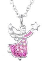 Joy|S - Zilveren engel / fee hanger - engeltje met ster - roze met roze kristal - inclusief ketting 39 cm (extra oogje bij 36 cm) - voor kinderen