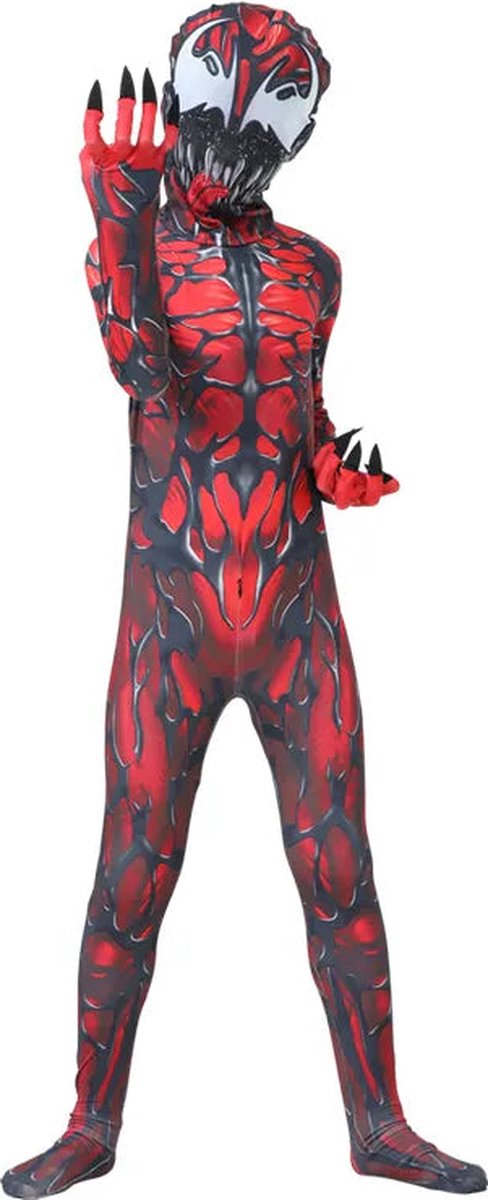 Superheldendroom - Duister Symbioot Variatie Kostuum – Zwart‑Rood – Stretch - 140 (8/9 Jaar) - Verkleedkleding - Superheldenpak - Actieheld - Carnaval