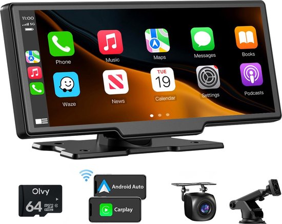 Olvy Carplay Scherm PRO - Geschikt voor Apple & Android - 10.26 Inch - Navigatiesysteem Auto - Incl. Achteruitrijcamera - Draadloos - Touchscreen - Universeel - Multimedia Autoradio