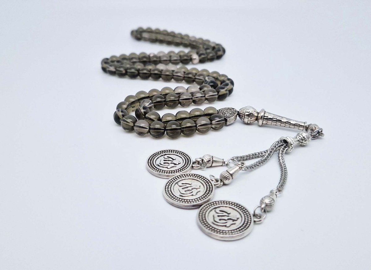 Handgemaakte tesbih "Tasbih" natuursteen " Rookkwarts" - Aantal kralen 99 - Diameter kralen 8MM - met metaal tassel "Allah Alwahid" - Een mooi cadeau-idee