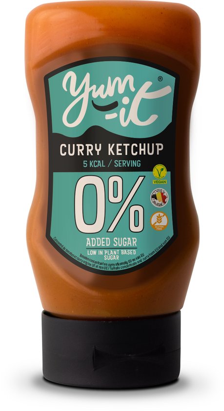 Yum-It Curry Ketchup, de enige vet-, suiker- en glutenvrije 100 % vegan saus met de laagste energiewaarde per 100 g.